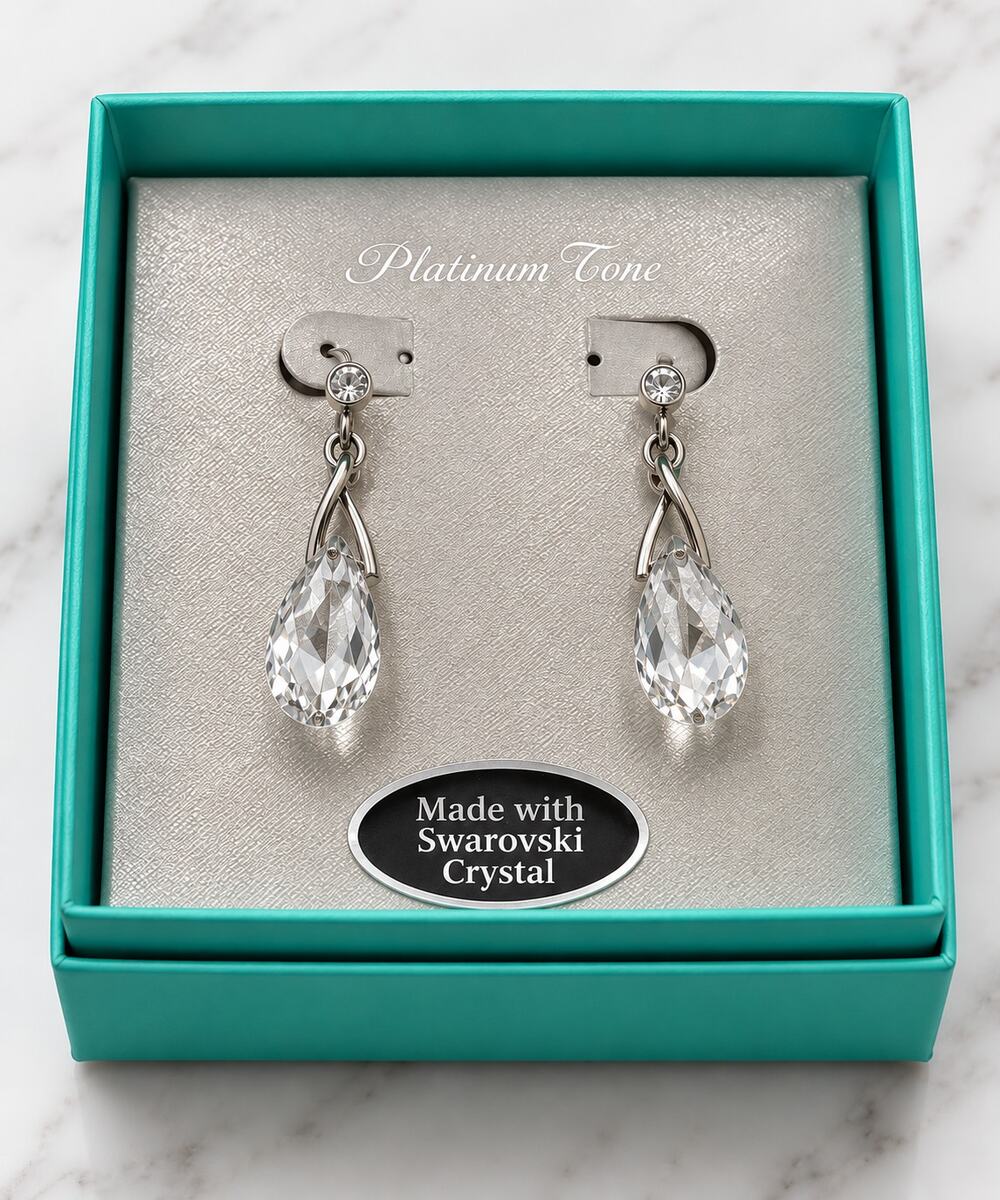 Made with Swarovski Crystal Teardrop Earrings Platinum Tone Clear New Box